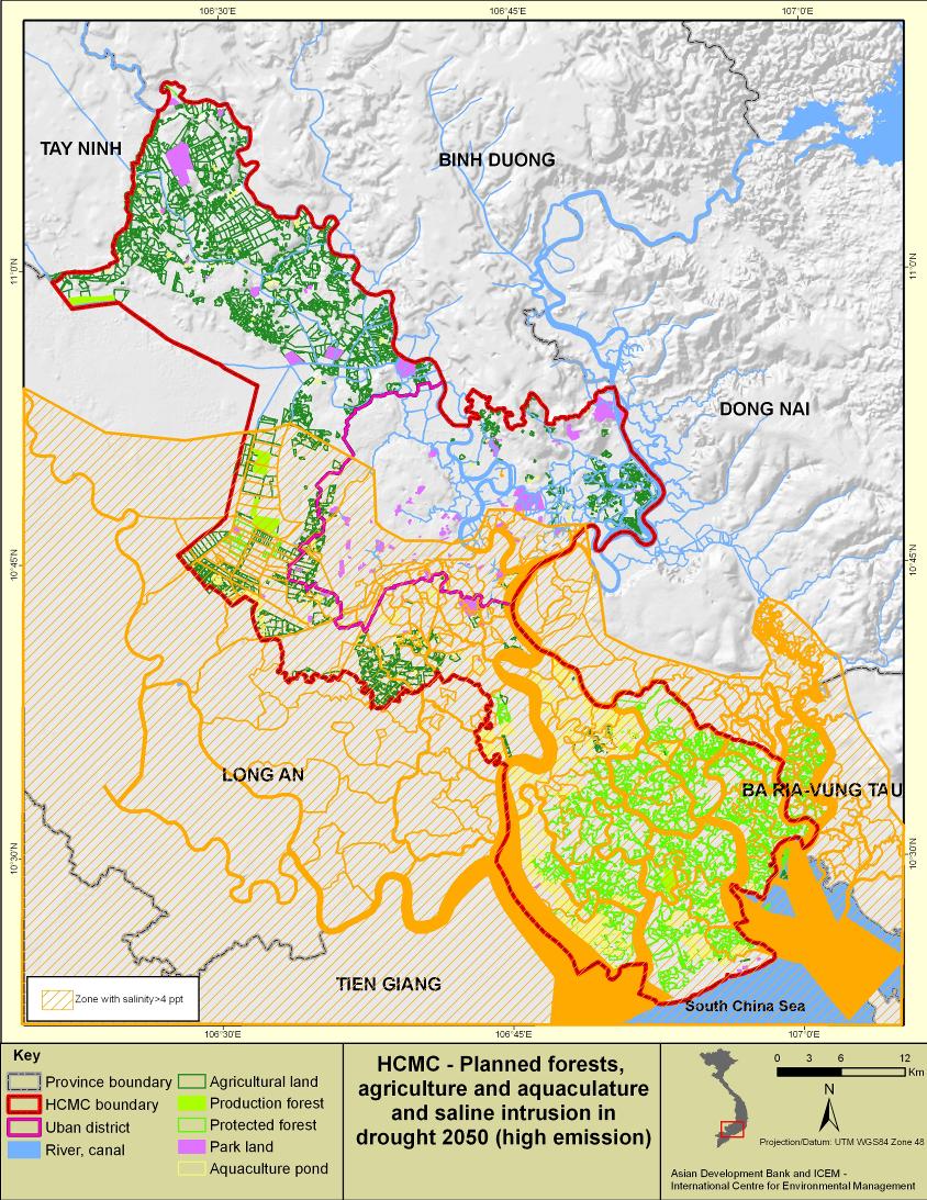 Viet Nam – Ho Chi Minh City – Planned forests, agriculture and aquaculture, and saline intrusion in drought 2050 due to climate change